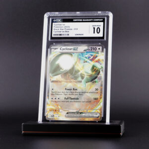 Graded card slab stand holding a CGC graded Pokémon card