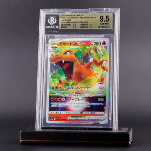Graded card slab stand holding a BGS graded Pokémon card